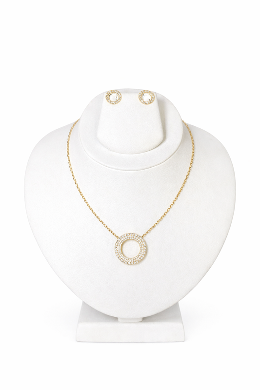 9K Yellow Gold Diamond Circle Necklace & Earring Set