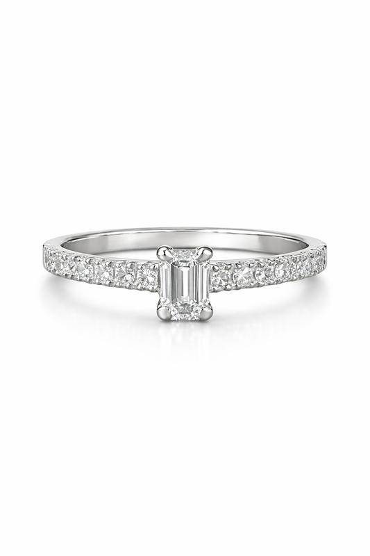 Pre-Loved Platinum Emerald Cut Diamond Ring with Diamond Shoulders