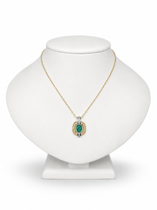 18K White Gold Emerald & Diamond Pendant Necklace