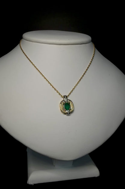 18K White Gold Emerald & Diamond Pendant Necklace